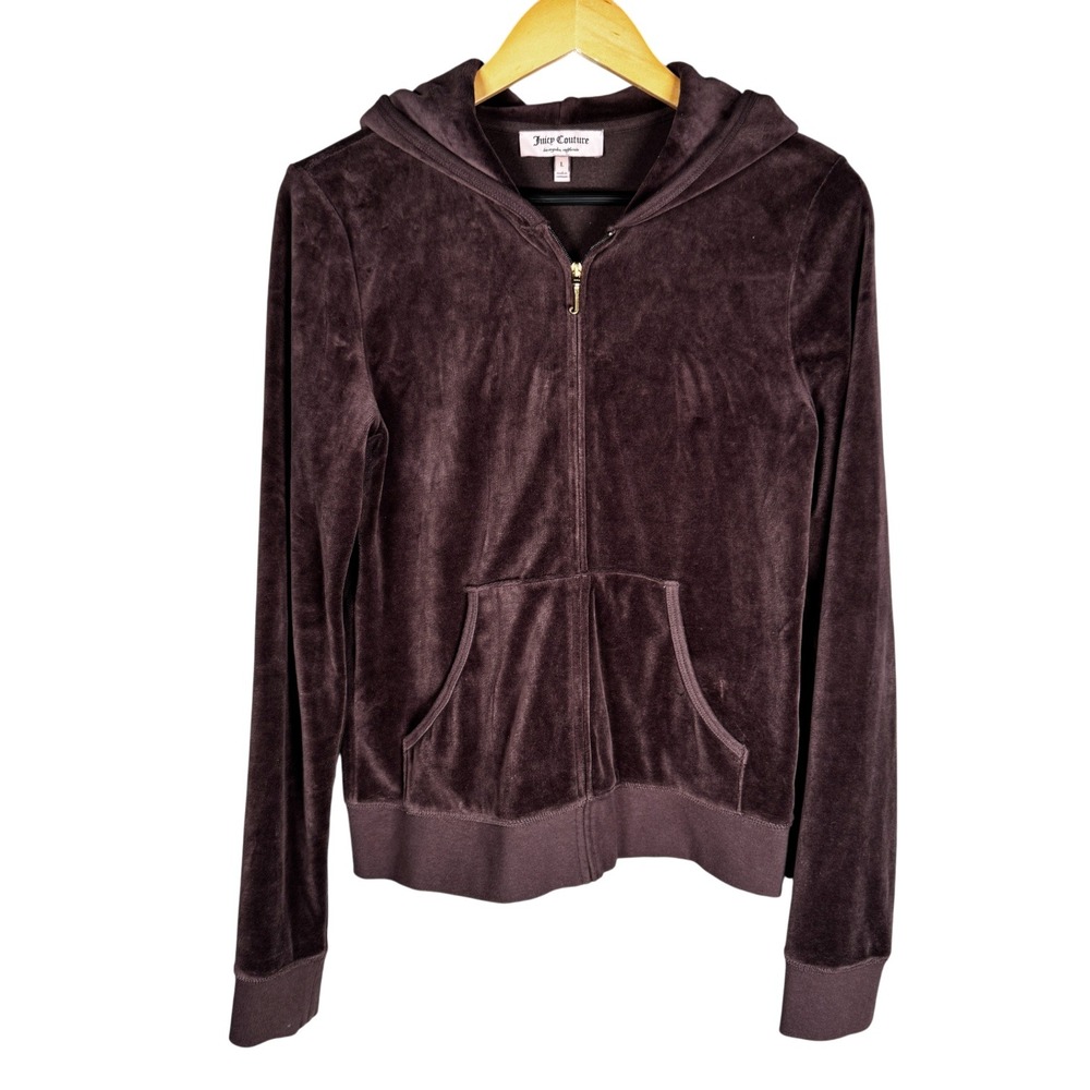 Y2K Juicy Couture Velour‎ Hoodie Zip Up Brown Sequins Logo Crest Women's Size L